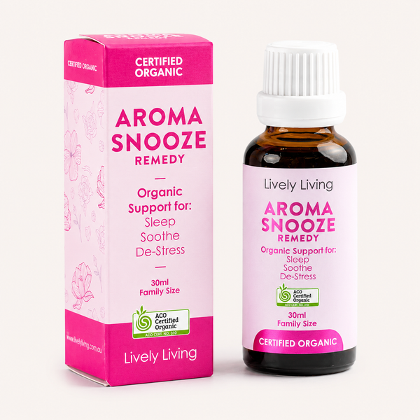Aroma Snooze remedy bottle and packaging on a white background