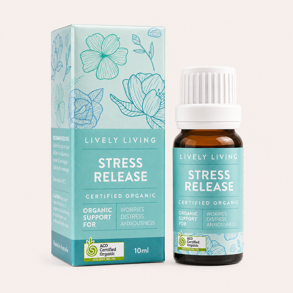 Lively Living Stress Release product packaging and bottle on a white background