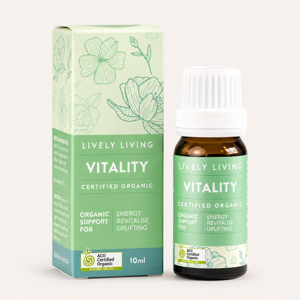 Lively Living Vitality organic product packaging and bottle on a white background