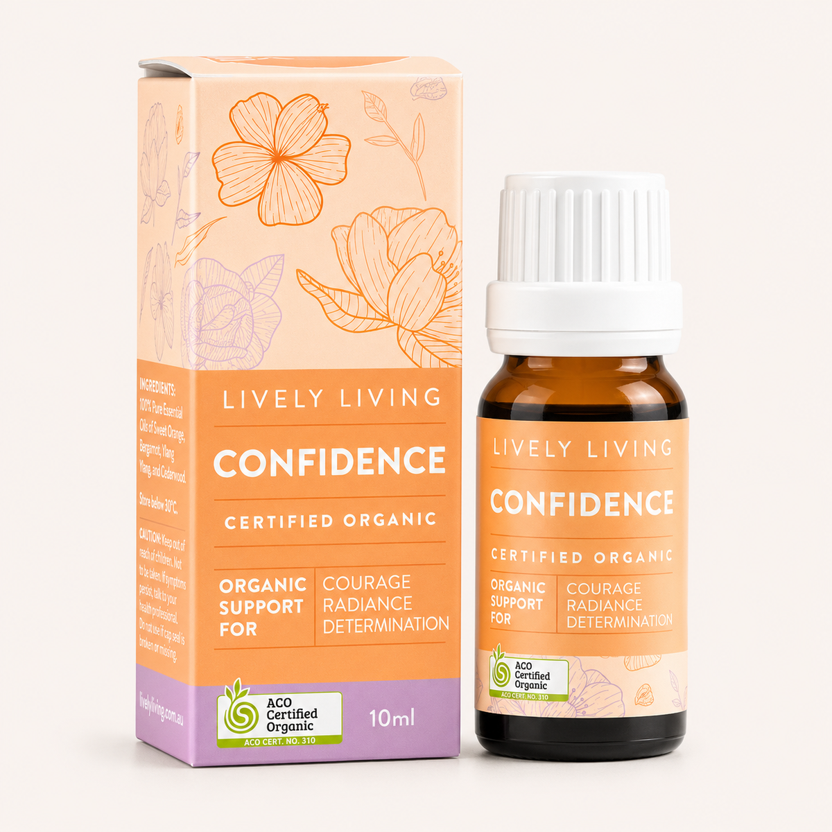 Lively Living Confidence organic product packaging and bottle on a white background