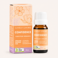 Lively Living Confidence organic product packaging and bottle on a white background