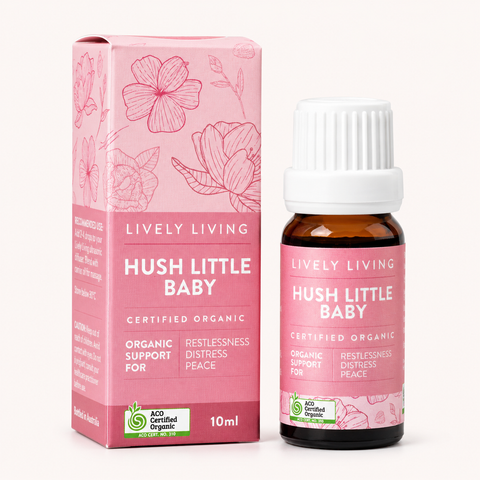 Lively Living Hush Little Baby organic product packaging and bottle on a white background