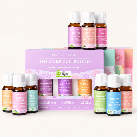 The Core Collection gift box of Frankincense, Lavender and Orange surrounded by individual Lively Living essential oil bottles