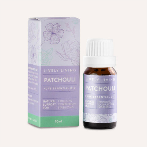 Lively Living Patchouli pure essential oil bottle and packaging on a white background