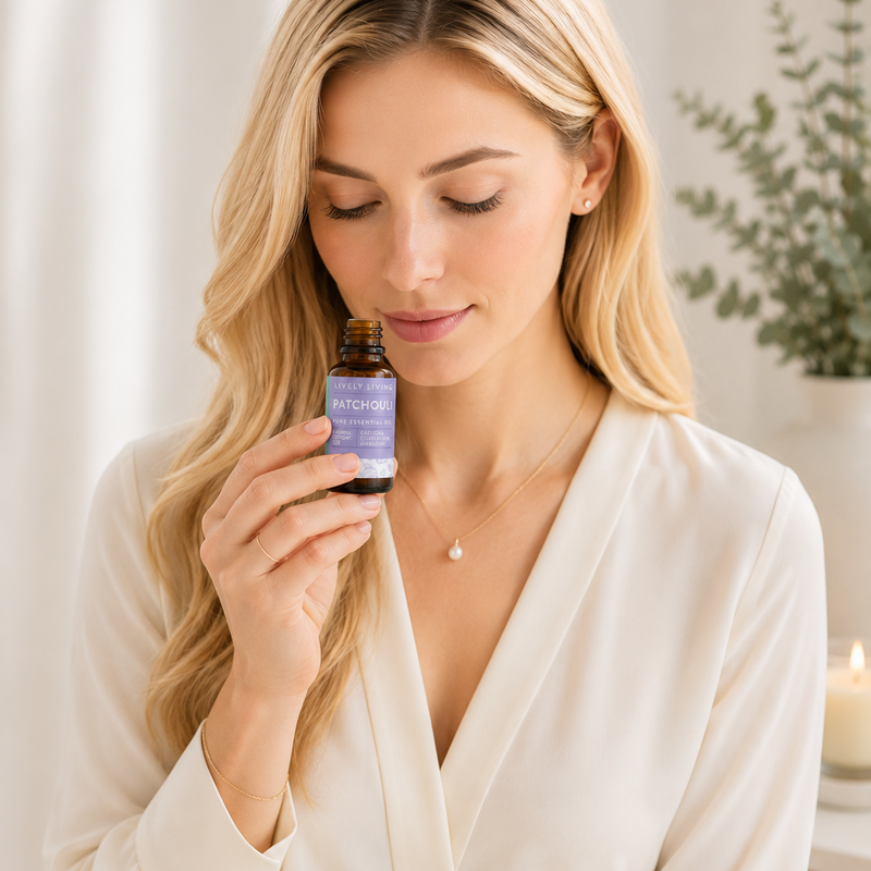 Woman holding a bottle of Lavender essential oil in a softly lit room.