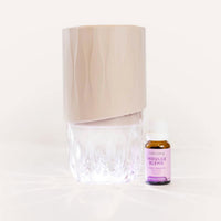 Clear diffuser with beige top and a small bottle labeled 'Indulge Blend' on a white background