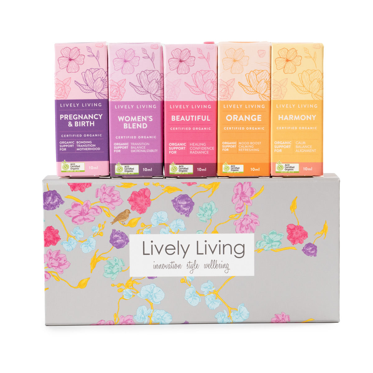 Lively Living essential oil set. in bright coloured boxes with florals. 