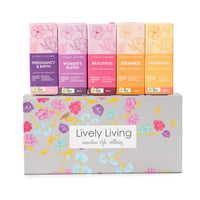 Lively Living essential oil set. in bright coloured boxes with florals. 