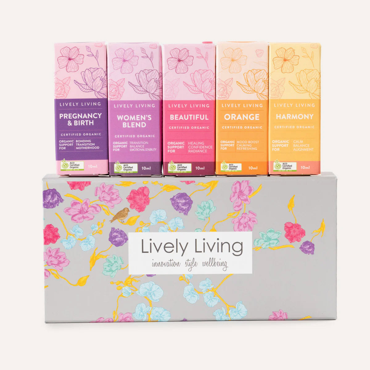 Set of colorful boxes from Lively Living on a white background