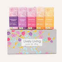 Set of colorful boxes from Lively Living on a white background