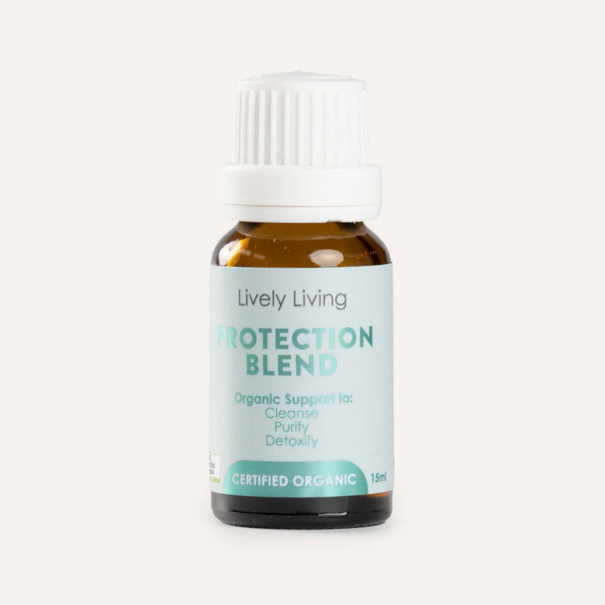 Bottle of Lively Living Protection Blend on a white background