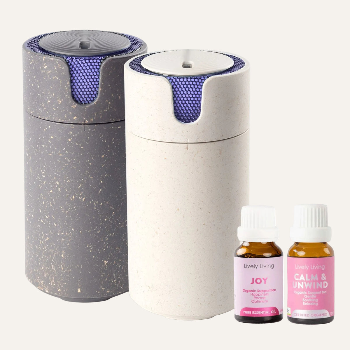 Two Aroma-Recharge cordless diffusers and two essential oils from Lively Living