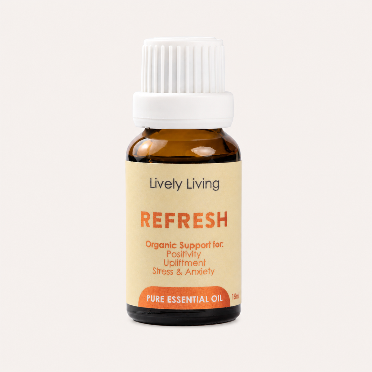 Bottle of Lively Living Refresh essential oil on a white background