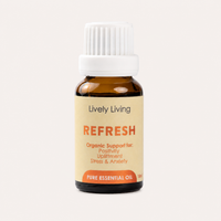 Bottle of Lively Living Refresh essential oil on a white background