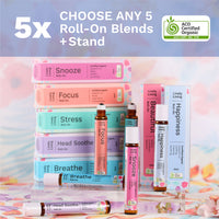 Choose any 5 roll-on blends plus stand graphic with boxed roll-ons and the ACO logo