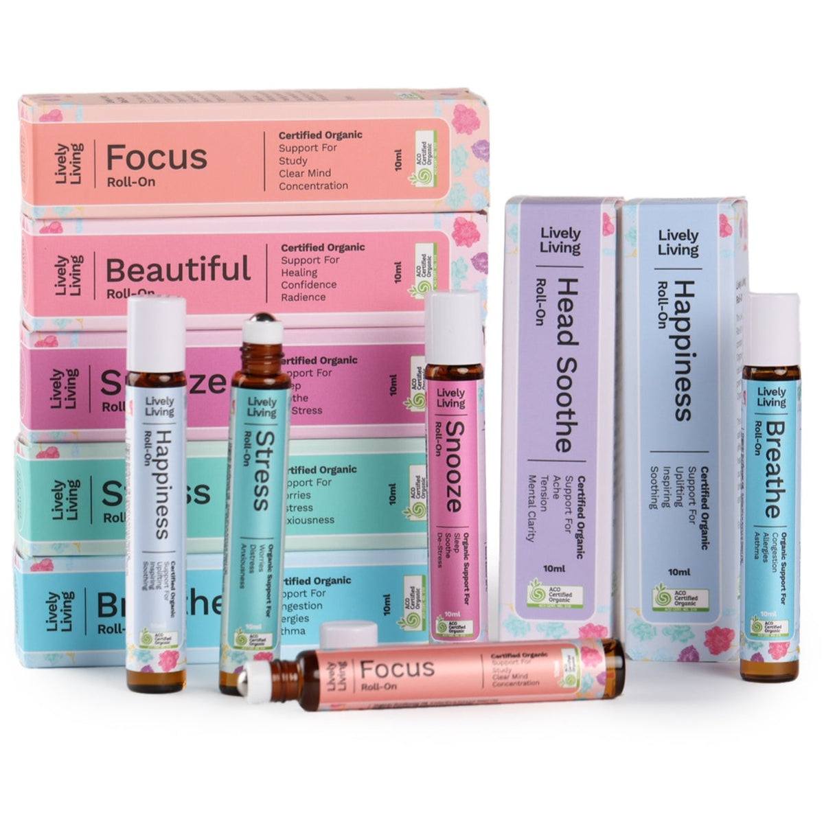 Lively Living roll-ons including Focus, Happiness, Head Soothe and Breathe with their boxes
