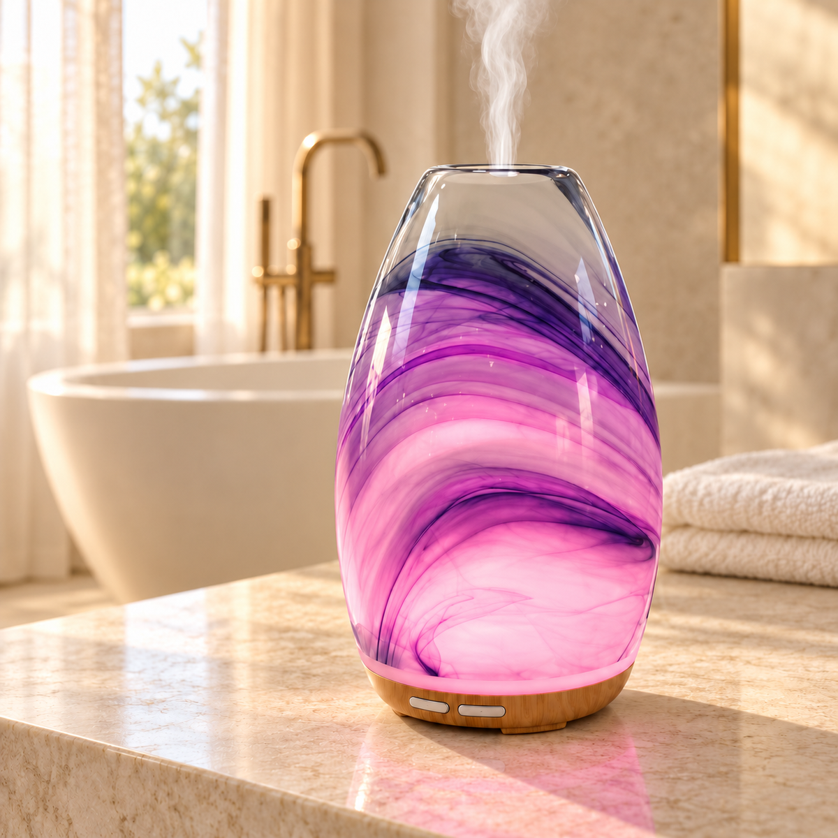 Aroma-Swirl Glass Diffuser glowing pink and purple and releasing mist on a stone vanity in a bright bathroom with a freestanding bath and brass taps