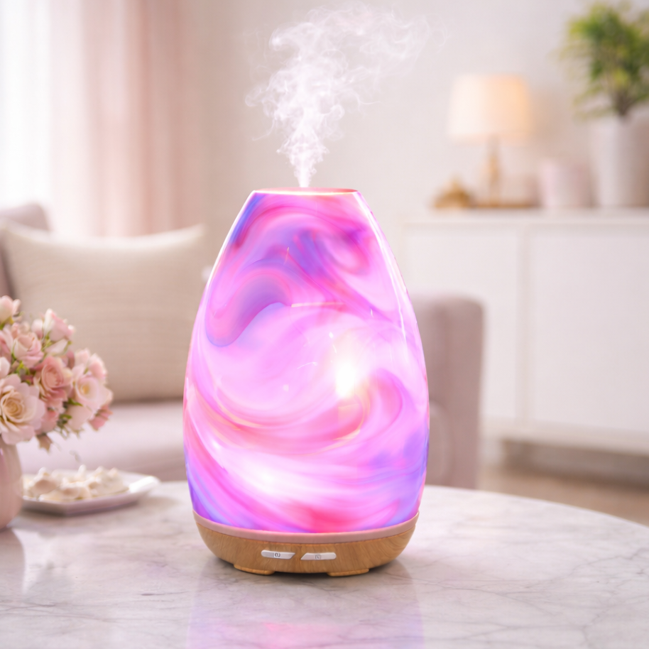 Marbled patterned diffuser on a table with a blurred living room background