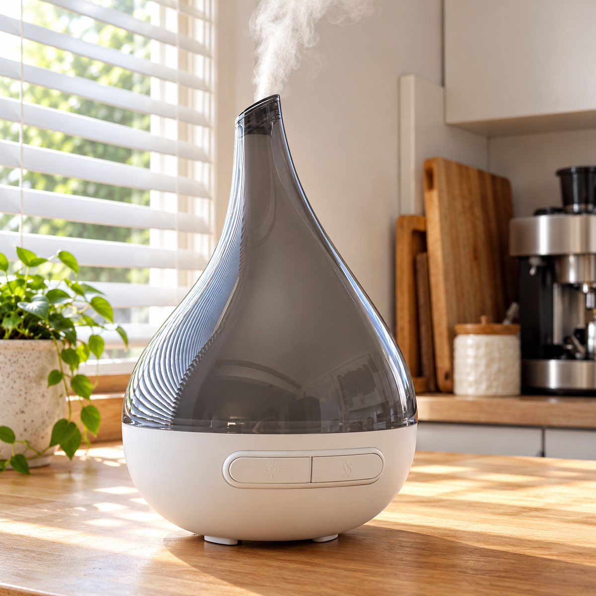 Aroma-Bloom teardrop diffuser in translucent grey with a white base releasing mist on a timber kitchen bench in morning sun, with a potted plant, chopping boards and a coffee machine