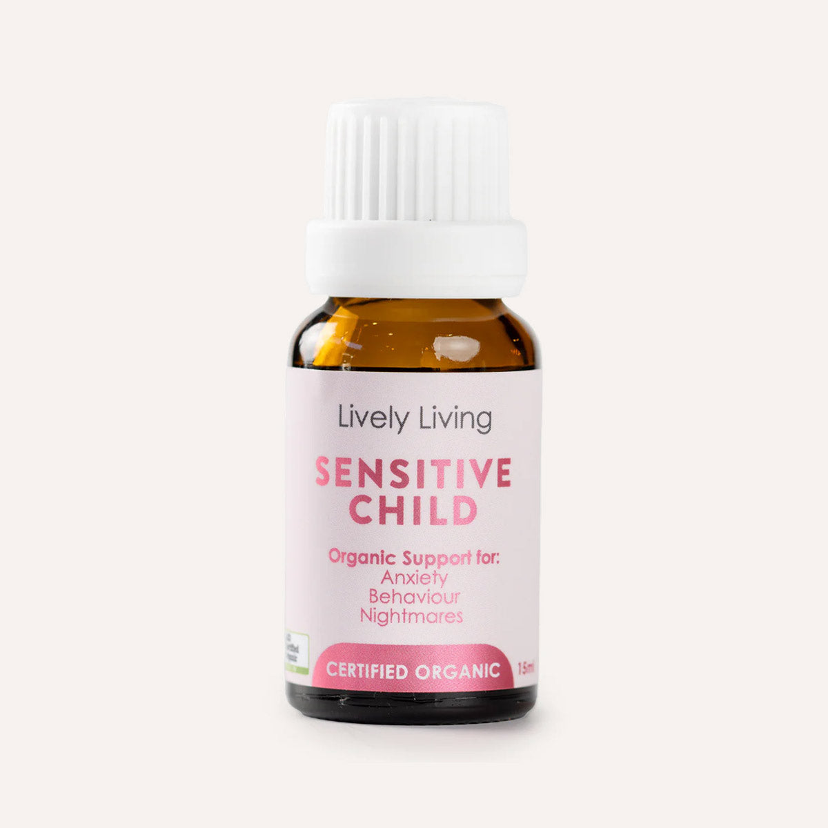 Bottle of Lively Living Sensitive Child supplement on a white background