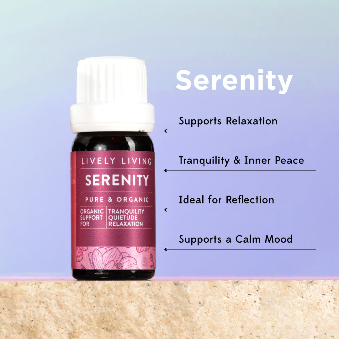 A bottle of Lively Living Serenity essential oil on a light blue gradient background with text describing its benefits for relaxation and inner peace.