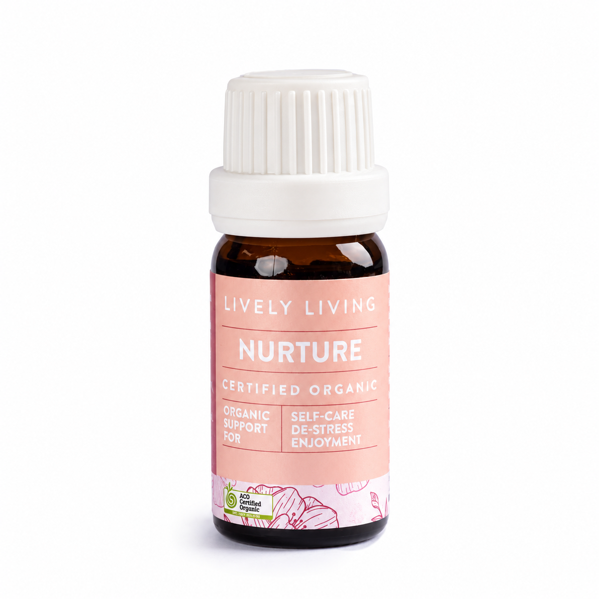 Lively Living Nurture certified organic essential oil in an amber bottle with a peach pink label and ribbed white cap, front view on a white background