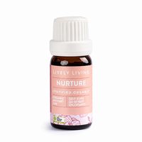 Lively Living Nurture certified organic essential oil in an amber bottle with a peach pink label and ribbed white cap, front view on a white background