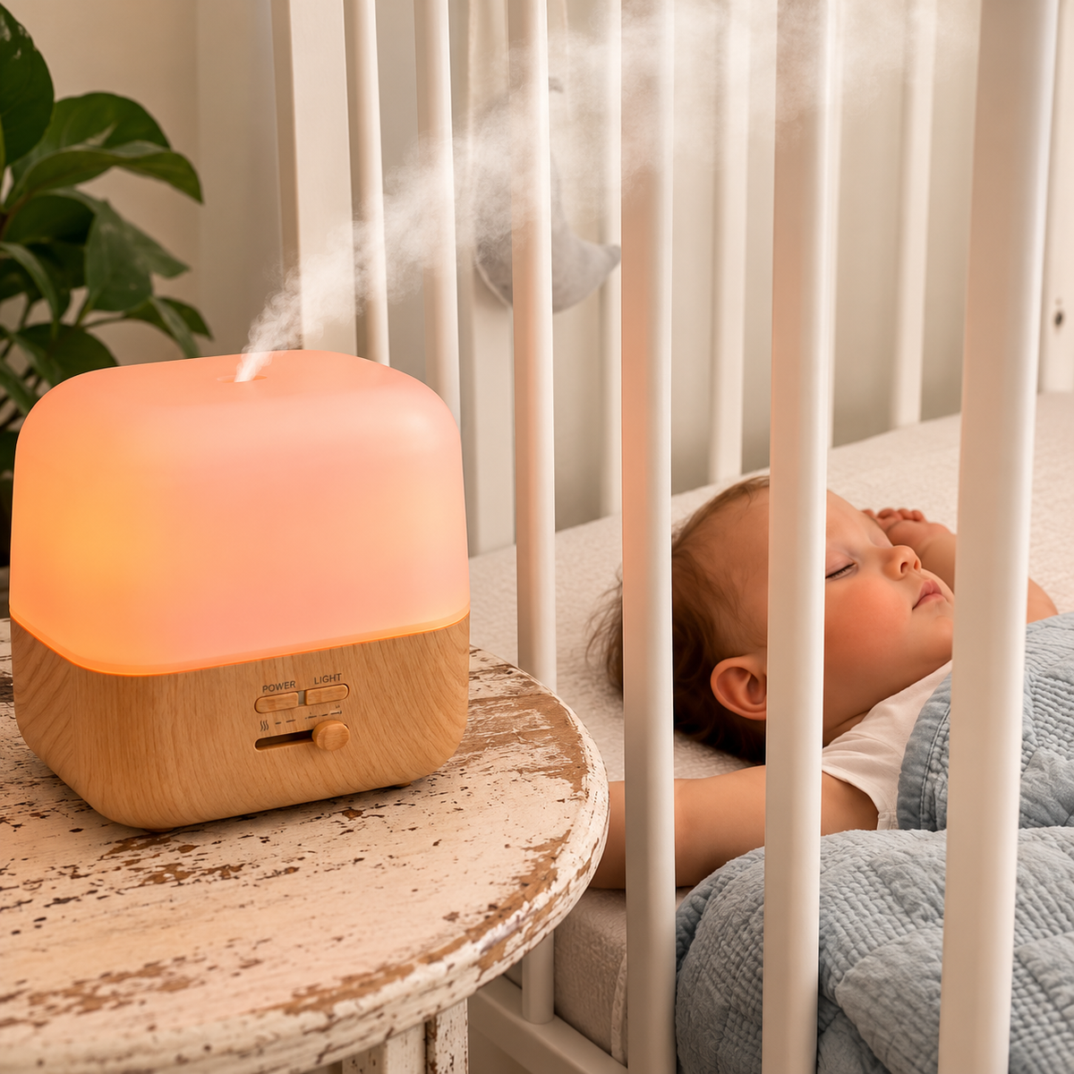 A glowing essential oil diffuser with a wood-grain base sits on a distressed wooden table beside a crib, emitting a soft mist. A sleeping baby is visible inside the crib, creating a cozy, serene nursery scene.