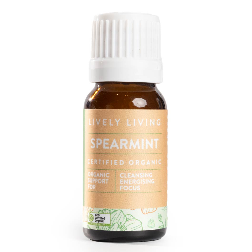 Lively Living Spearmint essential oil with orange and green branding on white background
