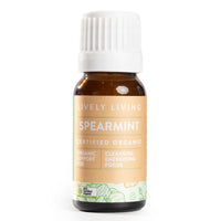 Lively Living Spearmint essential oil with orange and green branding on white background