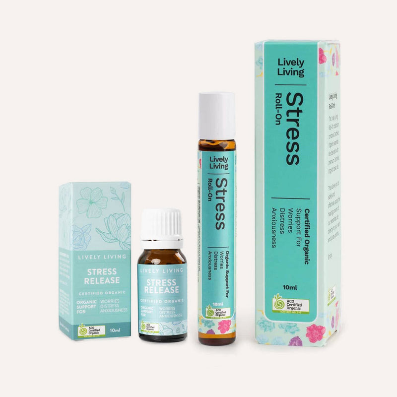 Lively Living stress relief products including a bottle and boxes on a white background
