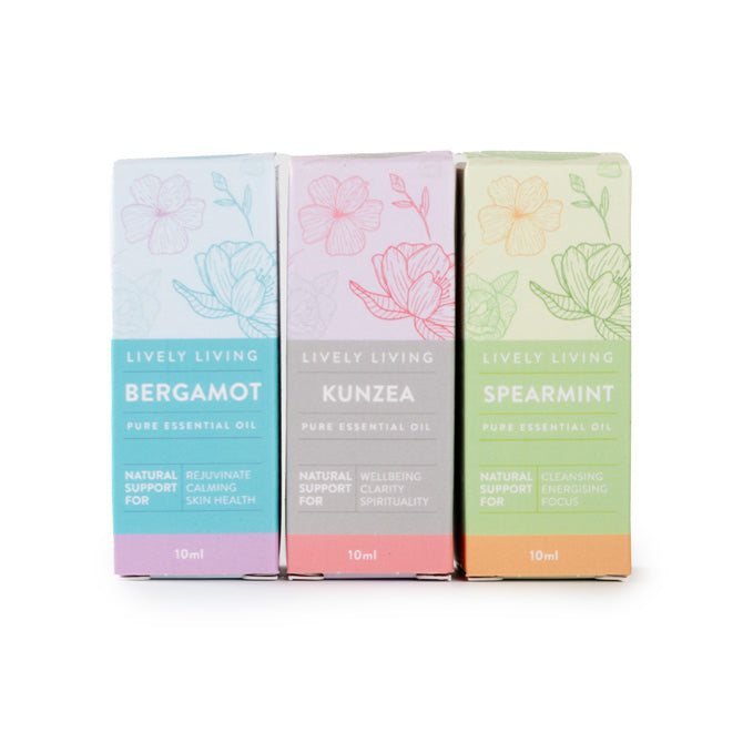 Three boxes of Lively Living essential oils, scents include Bergamot, Kunzea, and Spearmint.