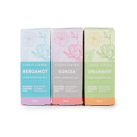 Three boxes of Lively Living essential oils, scents include Bergamot, Kunzea, and Spearmint.
