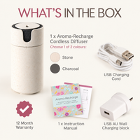 A product box contents graphic showing a cordless diffuser, USB charging cable, wall charging block, instruction manual, and a 12-month warranty badge on a light gray background with the heading 'WHAT'S IN THE BOX'.