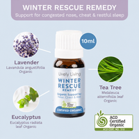 Lively Living Winter Rescue Remedy bottle with ingredients and certifications 