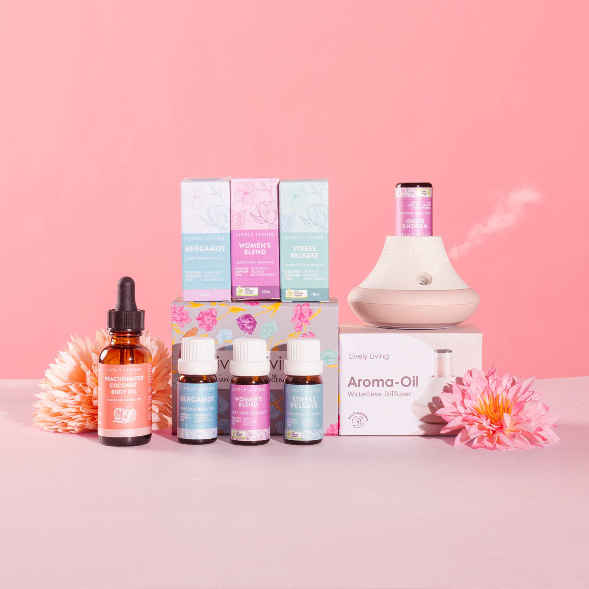 Collection of Aroma-Oil products including bottles, diffuser, and boxes on a pink background