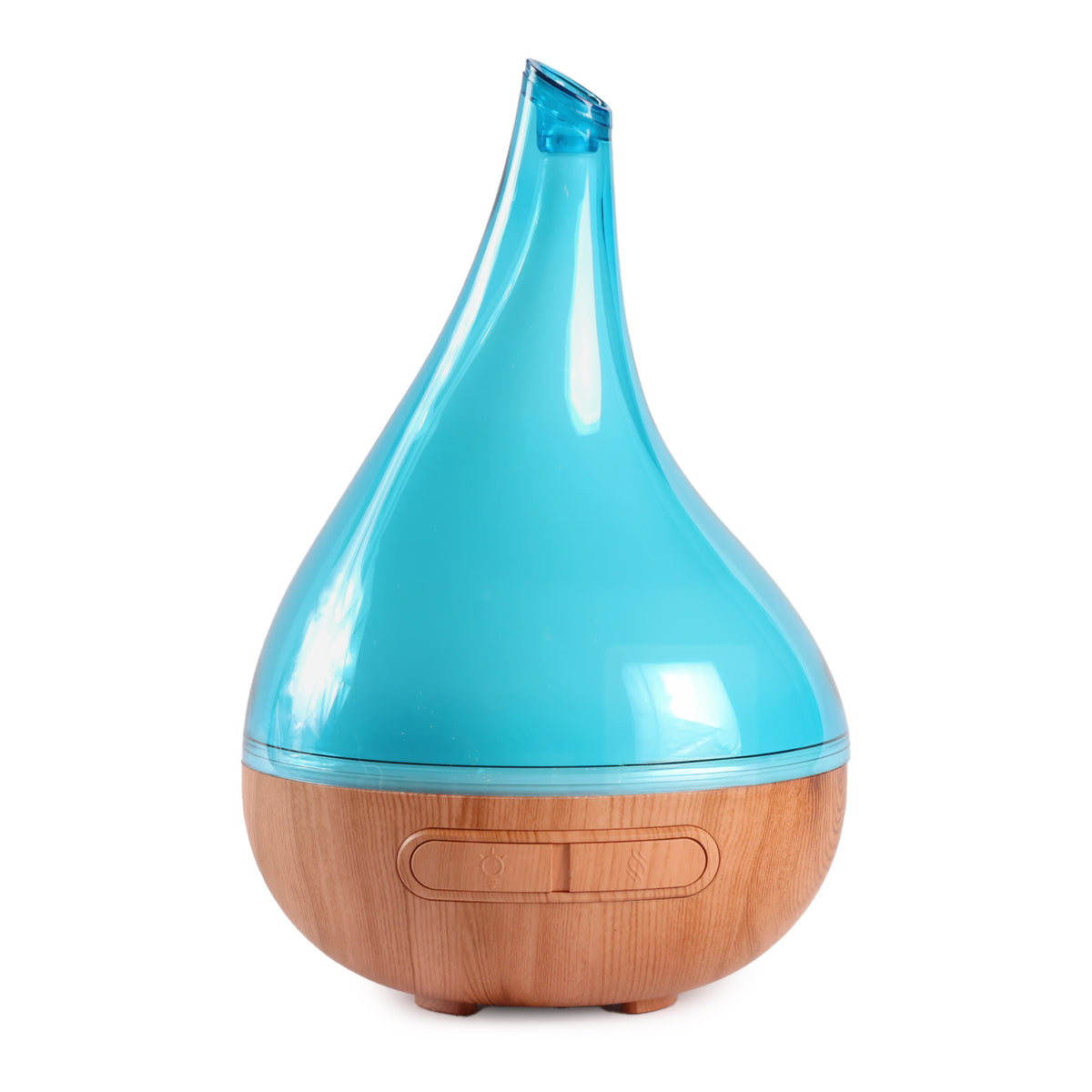The Lively Living teardrop-shaped aroma Bloom diffuser with a wooden look finish and a turquoise lid with color changing lights.