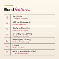 Abundance blend features: ACO certified organic, clarity and intention, grounding yet uplifting