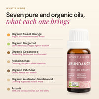 What's inside Abundance: organic sweet orange, bergamot, cedarwood, patchouli and Australian sandalwood with frankincense and amyris, and what each oil brings