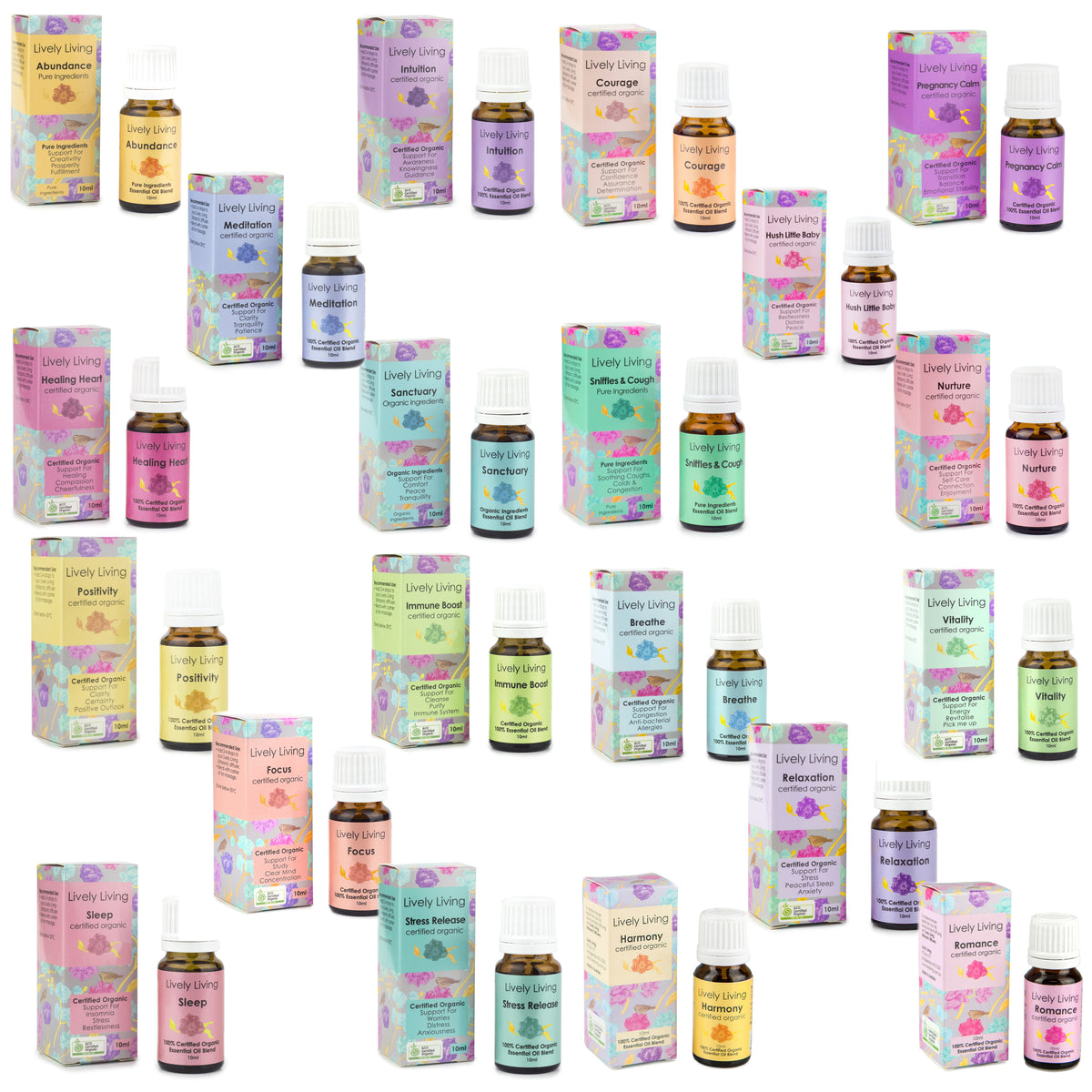 A collection of various Lively Living boxed essential oil blends, each with a different label and packaging color.