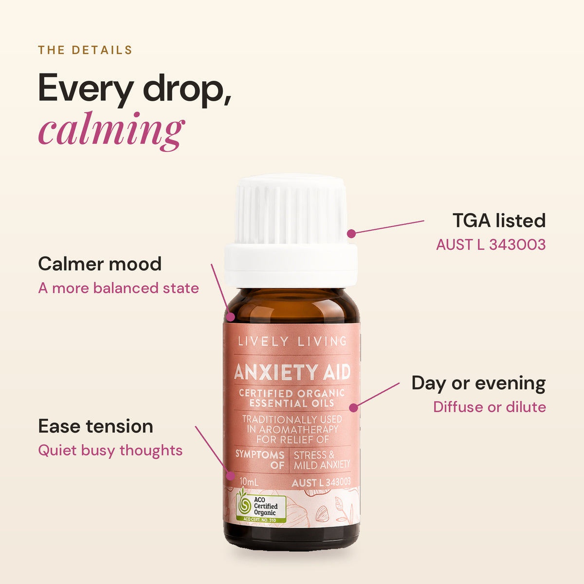 Anxiety Aid essential oil details: calmer mood, ease tension, TGA listed AUST L 343003, day or evening