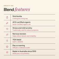 Anxiety Aid features: ACO certified organic, traditionally used in aromatherapy to relieve symptoms of stress and mild anxiety, TGA listed