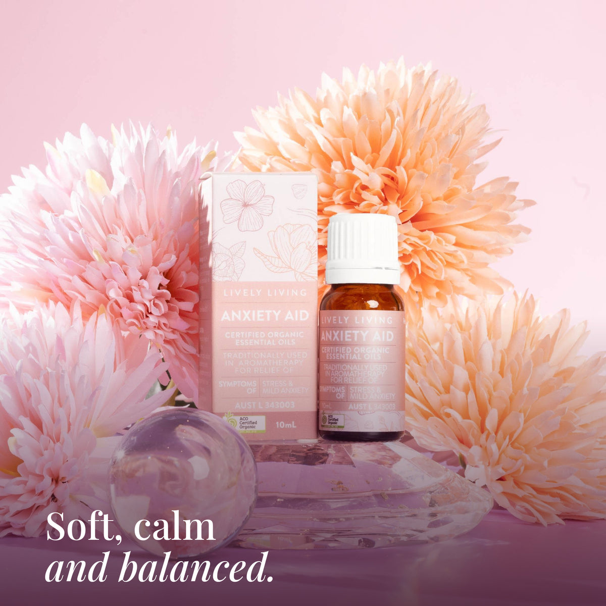 Anxiety Aid 10ml oil and box with peach flowers: soft, calm and balanced