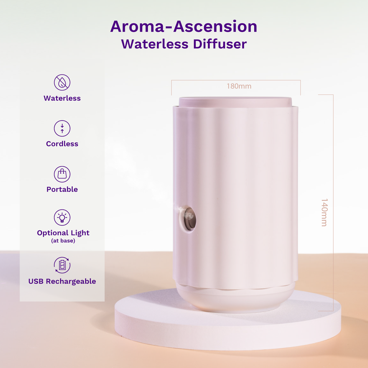 Aroma-Ascension waterless diffuser with features listed on a light purple background