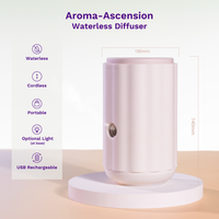 Aroma-Ascension waterless diffuser with features listed on a light purple background