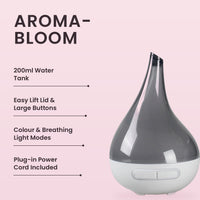 Aroma-Bloom Diffuser in Charcoal key features: 200ml water tank, easy lift lid and large buttons, colour and breathing light modes, plug-in power cord included