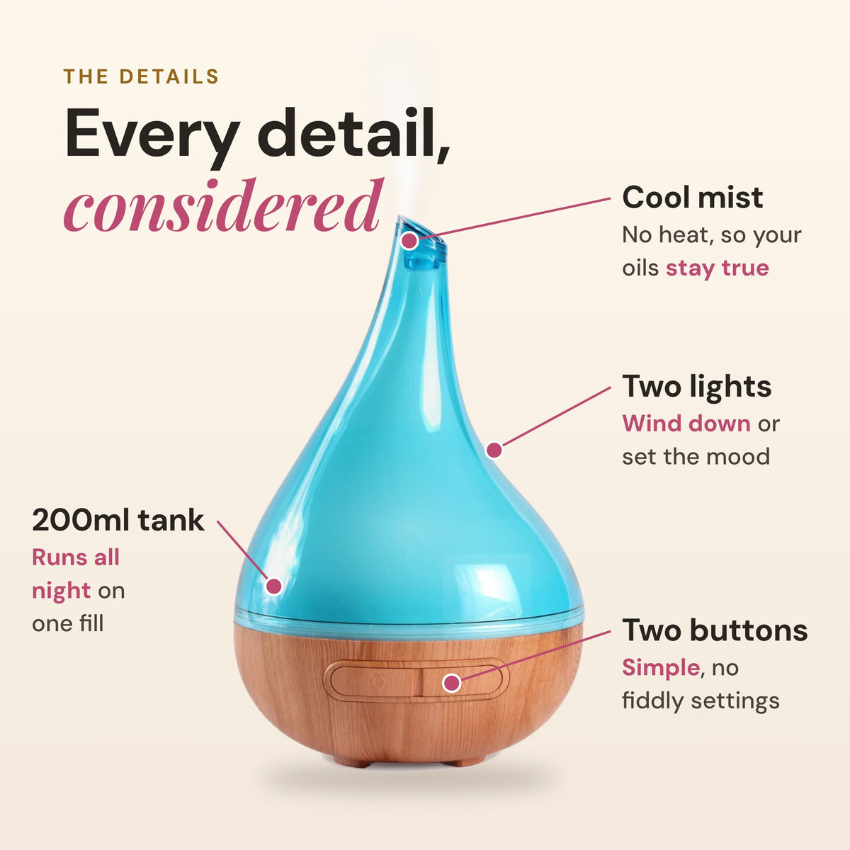 Aroma-Bloom diffuser details: cool mist, two lights, 200ml tank and two touch buttons