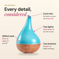 Aroma-Bloom diffuser details: cool mist, two lights, 200ml tank and two touch buttons