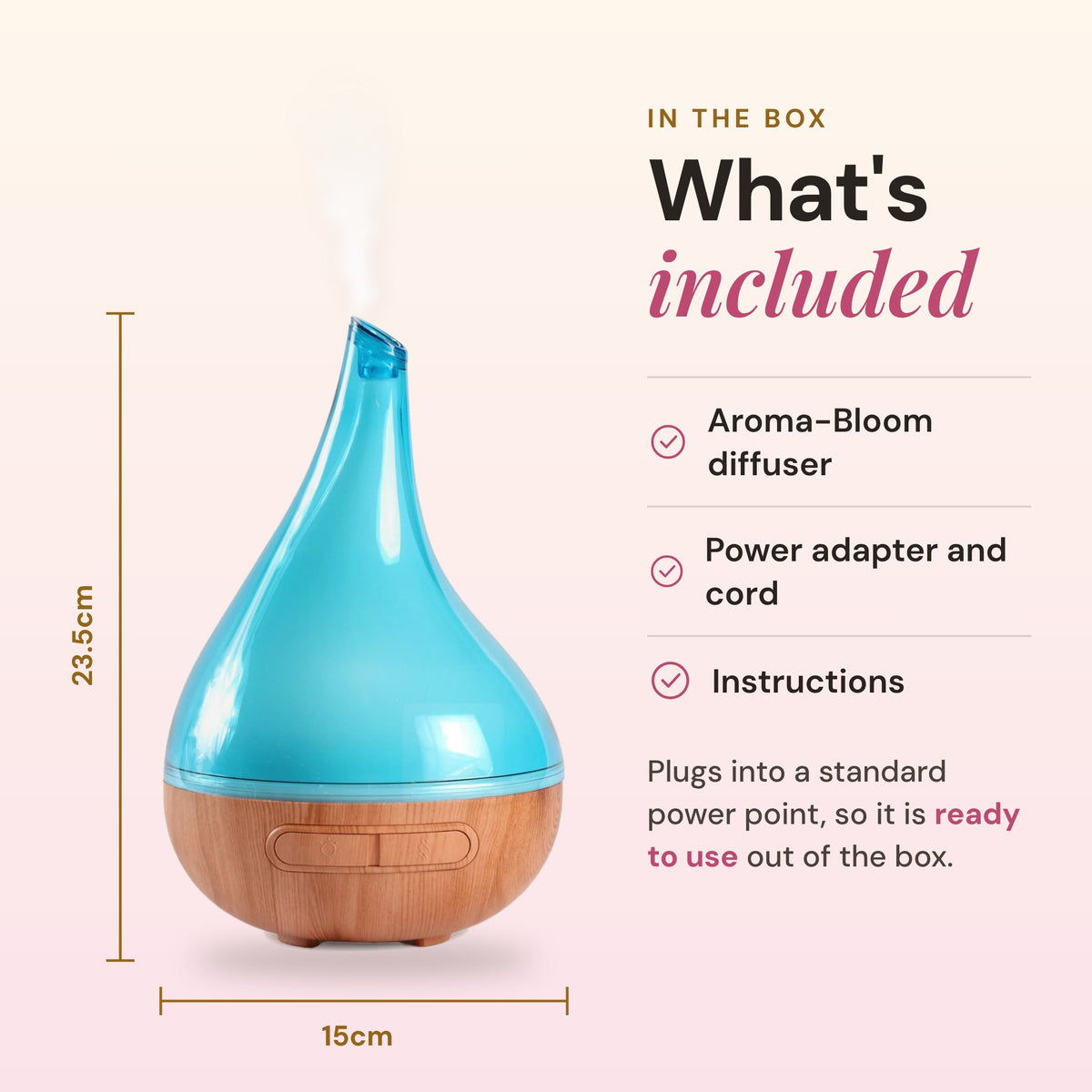What's included with the Aroma-Bloom diffuser, 23.5cm by 15cm, with power adapter and cord
