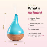 What's included with the Aroma-Bloom diffuser, 23.5cm by 15cm, with power adapter and cord